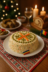 A realistic high-quality photograph of a traditional Romanian Christmas table showcasing salată de boeuf decorated with peas, carrots, and pickles, served on a traditional embroidered tablecloth with 