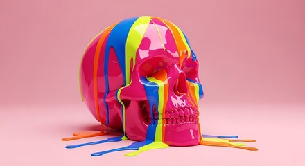 Colorful Skull with Dripping Paint on a Pink Background