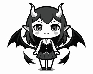 Chibi devil girl with black horns and wings demon