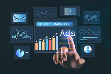 Online advertising, digital marketing and ad on internet to targeted customers. Ads dashboard screen digital. Digital marketing concept.
