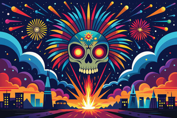 Colorful skull fireworks display over city skyline