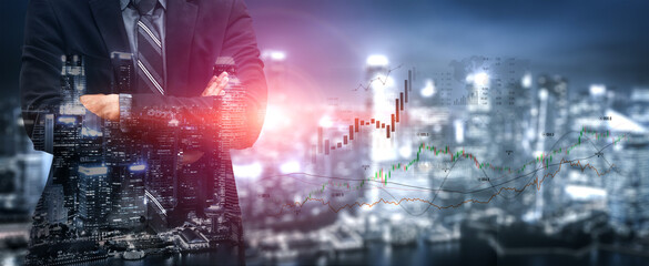 A business professional stands confidently against a vibrant city skyline, displaying data visualization elements, representing financial growth and market dynamics. Scalp