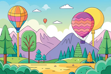Colorful hot air balloons over a stylized forest landscape