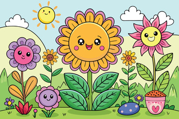 Cute cartoon garden with smiling flowers and sun vector