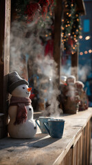 Holiday excitement. Snowman smiling near a cup of tea or coffee