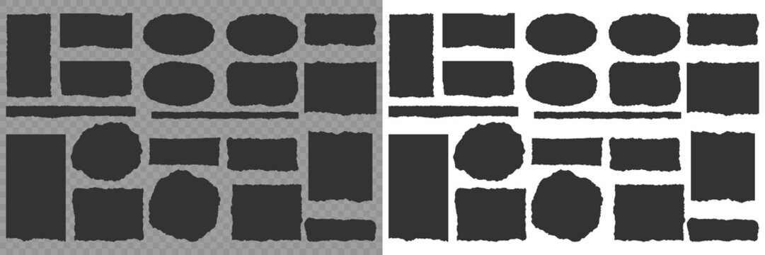 Silhouette torn paper jagged edges pieces set. Rectangle torn paper shape. Torn Paper Edge Brush Stroke Clipart Grunge Ripped Border Vector Set. Torn or ripped paper sheet. Jagged rectangle. Vector.