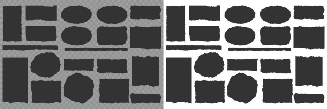 Silhouette torn paper jagged edges pieces set. Rectangle torn paper shape. Torn Paper Edge Brush Stroke Clipart Grunge Ripped Border Vector Set. Torn or ripped paper sheet. Jagged rectangle. Vector.