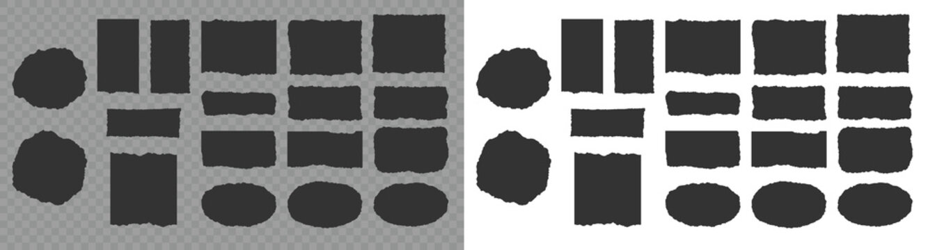 Rectangle torn paper shape. Pieces / scraps of paper with ripped torn jagged edges for vintage, retro style collage, scrapbooking. Set of black torn paper edge shapes on white background for design.