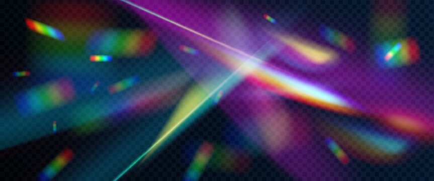 Abstract prism light flare on transparent black background. Vector realistic illustration of iridescent glass lens refraction, rainbow color rays, holographic confetti flying in air, overlay effect