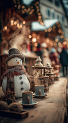 New year market. Snowman with joyful gifts and holiday sparkles in background.