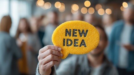A person holds a bright yellow speech bubble with "NEW IDEA" in a blurred crowd, suggesting creativity and brainstorming in a collaborative setting.