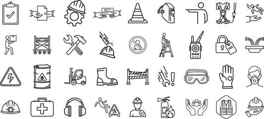 Collection of hand drawn black and white outline icons representing various objects and symbols isolated on transparent background