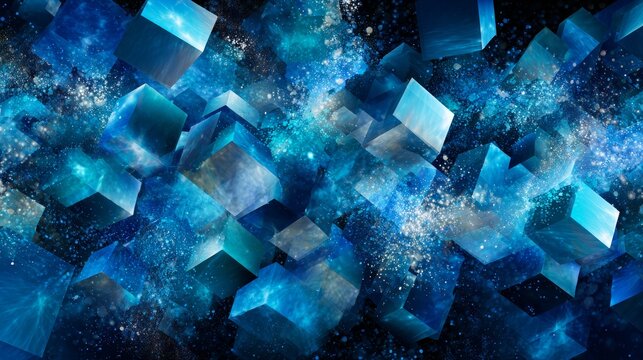 Vibrant blue and teal cubes connected in a dynamic digital network, symbolizing data, technology, communication, connection, innovation, cyberspace, information flow and modern tech structure