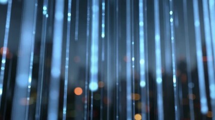 Abstract image featuring vertical translucent blue light trails with scattered glowing orbs and soft blurred orange and blue bokeh against a dark backdrop - Powered by Adobe