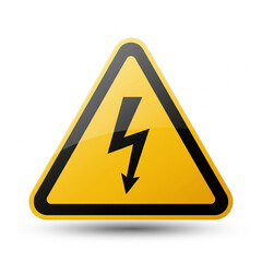 A glossy yellow triangular sign with a black lightning bolt symbol, representing a high voltage warning and electrical hazard alert, isolated on a white background