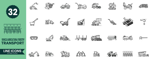 Excavation and Heavy Transport Line Icons Set &ndash; 32 Construction Vehicle Outline Vector Illustrations