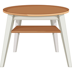 Round Wooden Table With White Legs And Lower Shelf Isolated On White Background Clean Modern Furniture Design For Home Or Kitchen