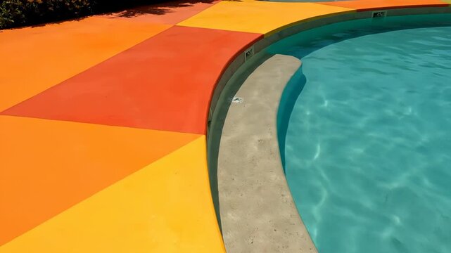 Closeup of a bright blue swimming pool with a colorful orange and yellow tiled surrounding deck