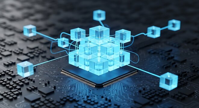 Dynamic blockchain network connects digital cubes on futuristic circuit board
