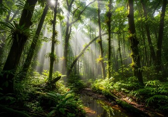 Sunlit lush tropical forest interior with misty canopy ferns and woodland stream