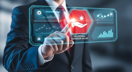 Professional businessman interacting with futuristic interface highlighting superior value and growth metrics