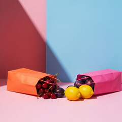 Colorful Food Photography: Fresh Fruits in Bright Bags on a Dual Color Background.