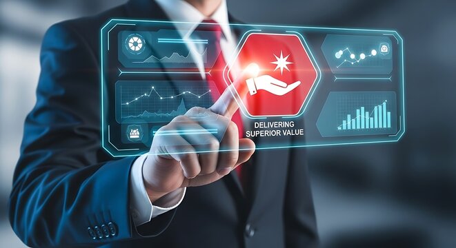 Professional businessman interacting with futuristic interface highlighting superior value and growth metrics