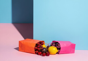 Delicious Cherries and Plums Spilling out of Bright Bags on a Pastel Surface.