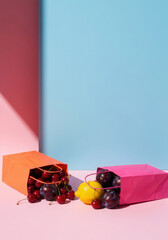 High Contrast Studio Shot of Fruit Bags With Strong Diagonal Shadow Effect.