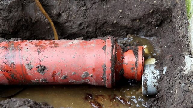 Close-up of Burst Sewer Pipe Emergency. Sewage and Wastewater Leak. a ruptured or overflowing sewer pipe, wastewater main, leaking effluent onto the ground
