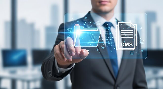 Professional businessman interacts with digital document management system interface in modern office