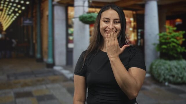 Young hispanic woman covers mouth with hand on street near building columns, laughing and smiling; joy playful warmth.