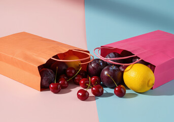Vibrant Paper Bags Filled With Fresh Plums, Cherries, and a Lemon on Pink.