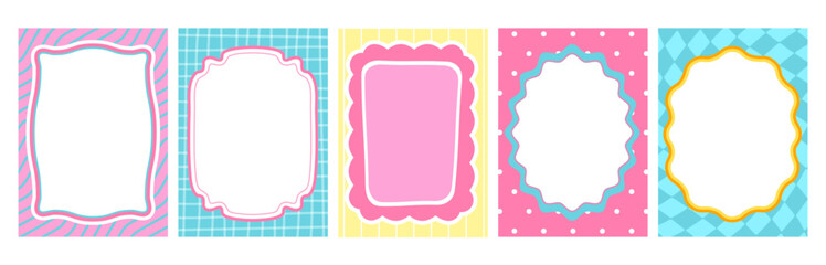 Wavy scallop frames set isolated on white background. Vector cartoon illustration of bright color borders with abstract dot, line, checkered patterns, oval and rectangle templates for cute kid posters
