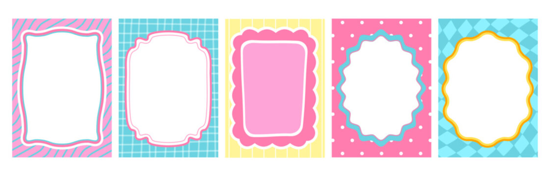 Wavy scallop frames set isolated on white background. Vector cartoon illustration of bright color borders with abstract dot, line, checkered patterns, oval and rectangle templates for cute kid posters