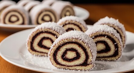 Delicious swiss roll cakes dusted with coconut flakes on a plate