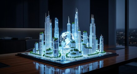 Stunning futuristic city model with glowing skyscrapers and globe, perfect for innovation concepts