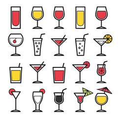 Illustration of various alcoholic and non alcoholic drinks in glasses with different garnishes