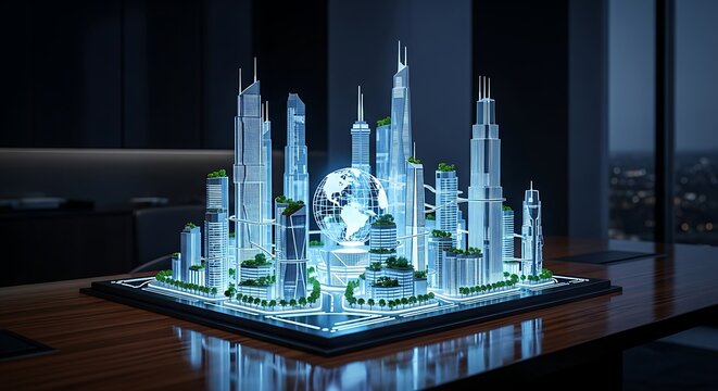 Stunning futuristic city model with glowing skyscrapers and globe, perfect for innovation concepts