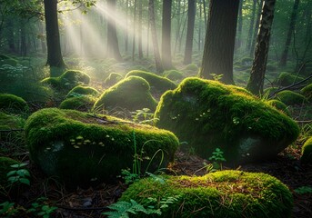 Sunlit moss covered rocks in dense temperate forest with soft light rays and ferns