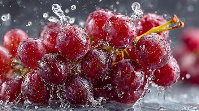 Close-up, dynamic shot of fresh red grapes being hit by a cascade of clear water. The refreshing splash highlights their plumpness and deep, vibrant juiciness.