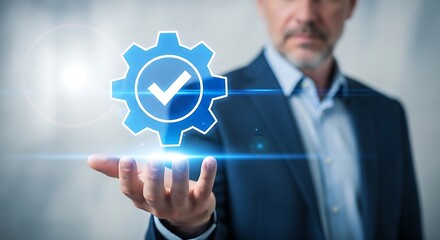 Professional businessman presents a digital gear with checkmark signifying successful process and quality assurance.