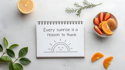 A notebook with inspirational sunrise quote and food around