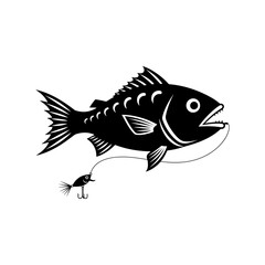 Stylized black and white illustration of a predatory fish hooked on a fishing lure, isolated vector graphic