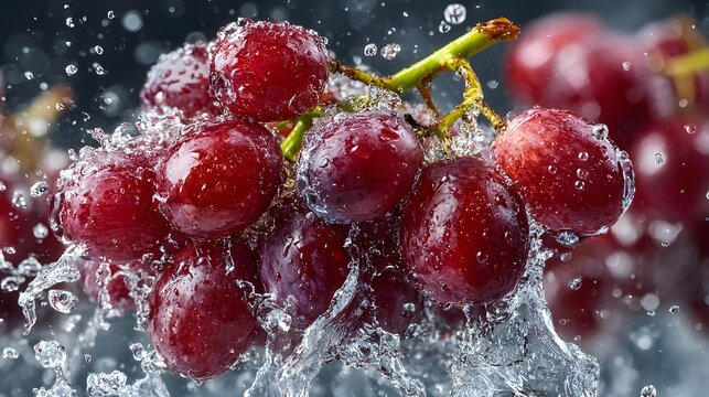 Close-up, dynamic shot of fresh red grapes being hit by a cascade of clear water. The refreshing splash highlights their plumpness and deep, vibrant juiciness.