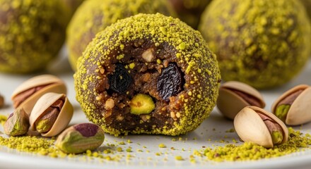 Close up of a healthy energy ball coated in pistachios