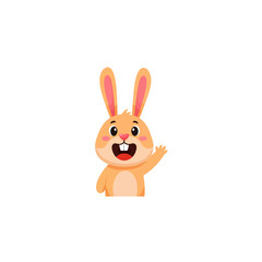 Cute cartoon rabbit waving hand, adorable bunny character with big smile, friendly vector illustration