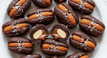 Delicious chocolate almond caramel candies sprinkled with sea salt