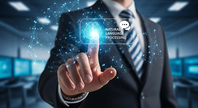 Businessman interacts with glowing AI brain interface for advanced natural language processing insights - Powered by Adobe