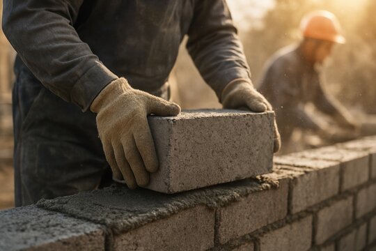 Construction worker carefully placing concrete block while building a yard fence wall, teamwork and craftsmanship on a sunny day.